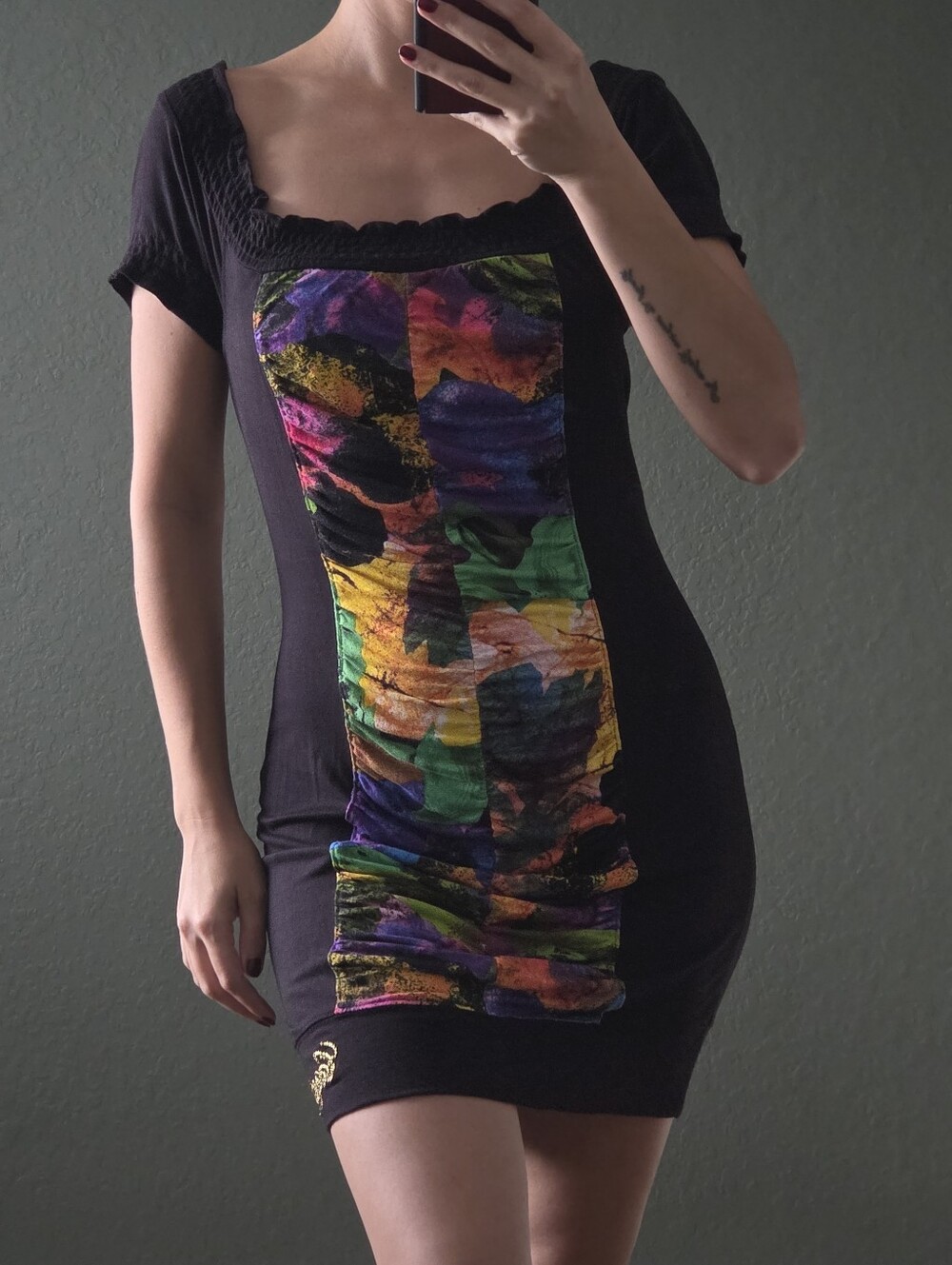 COOGI Ruched Black Mini Dress, Medium, Abstract Print Bodycon Back Cutout